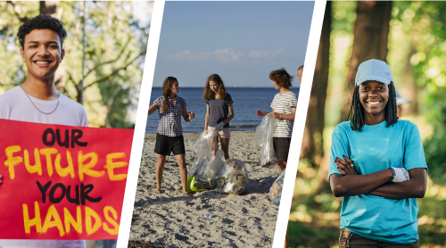 Collage image featuring young person holding poster reading 'Our Future Your Hands', young people picking up litter at beach, and young person smiling and standing with arms crossed in wooded area
