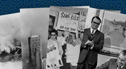 Collage of historic images of pollution and policy