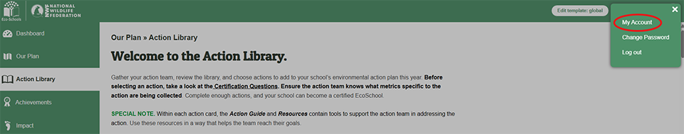 Screenshot of the EcoSchools Certification Application (ECA) with the My Account link at the top right circled in red