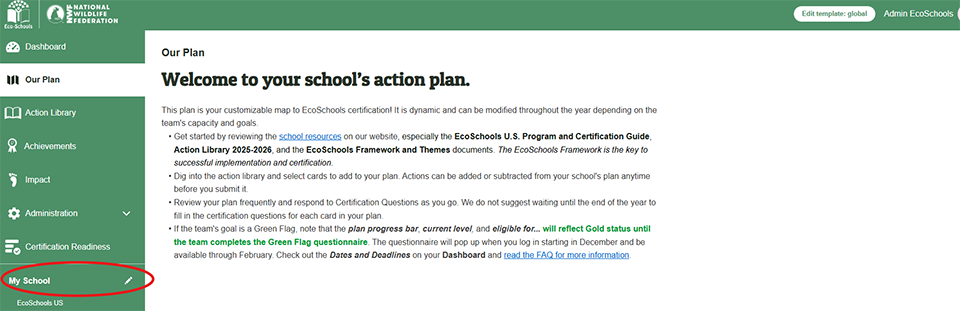 Screenshot of the EcoSchools Certification Application (ECA) with the My School link in the left navigation circled in red