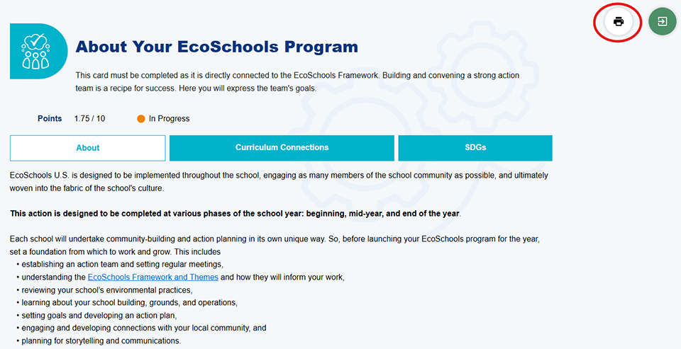 Screenshot of EcoSchools Certification Application (ECA) action page with red circle around print icon at top right