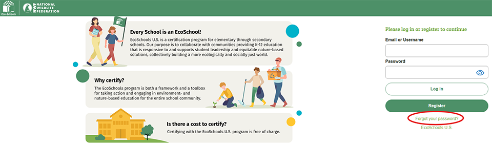 Screenshot of EcoSchools Certification Application (ECA) with red circle around Forgot Your Password link