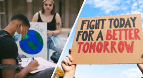 Two young people working on handwritten signs; hands holding up sign reading Fight Today for a Better Tomorrow