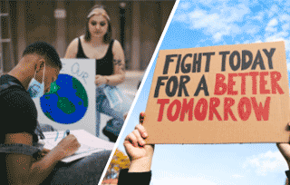 Two young people working on handwritten signs; hands holding up sign reading Fight Today for a Better Tomorrow