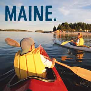 Two people kayaking with the Maine logo at the top of the image