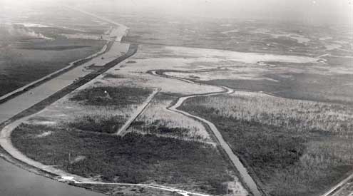 Black and white aerial image of the Mississippi River Gulf Outlet