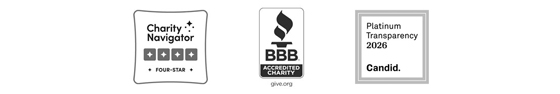 Charity Navigator Four-Star, Better Business Bureau Accredited Charity, and Candid Platinum Transparency 2026 Logos