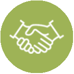 Shaking hands icon in moss green circle