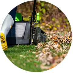 Close up of person pushing lawnmower over turfgrass