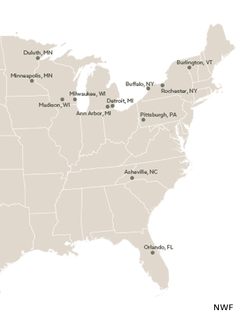 A map graphic with climate haven cities labeled on it.