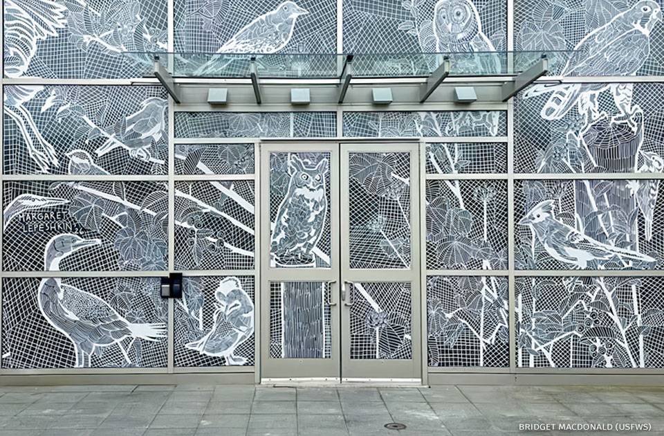 An image of an art installation that was created to be a deterrent to birds.