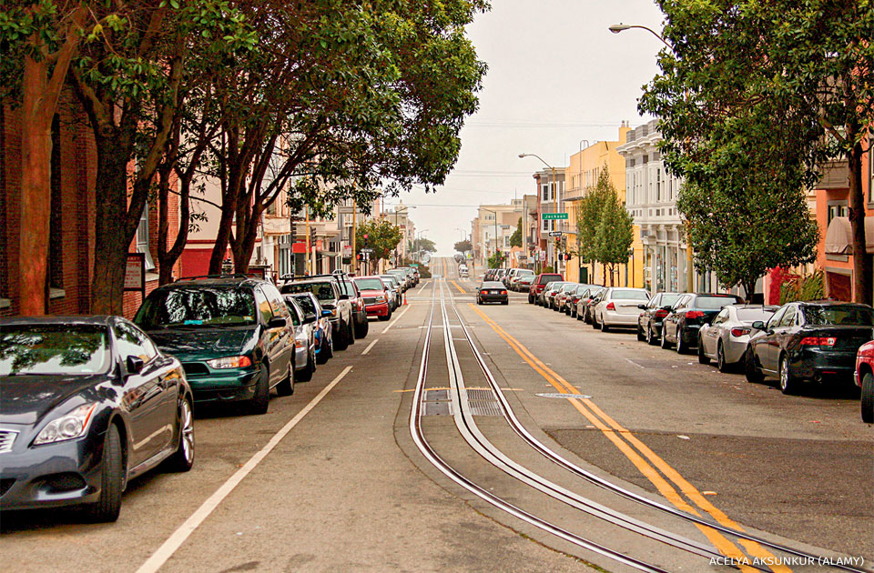 An image of cars parked on both sides of a straight and empty street in San Francisco.