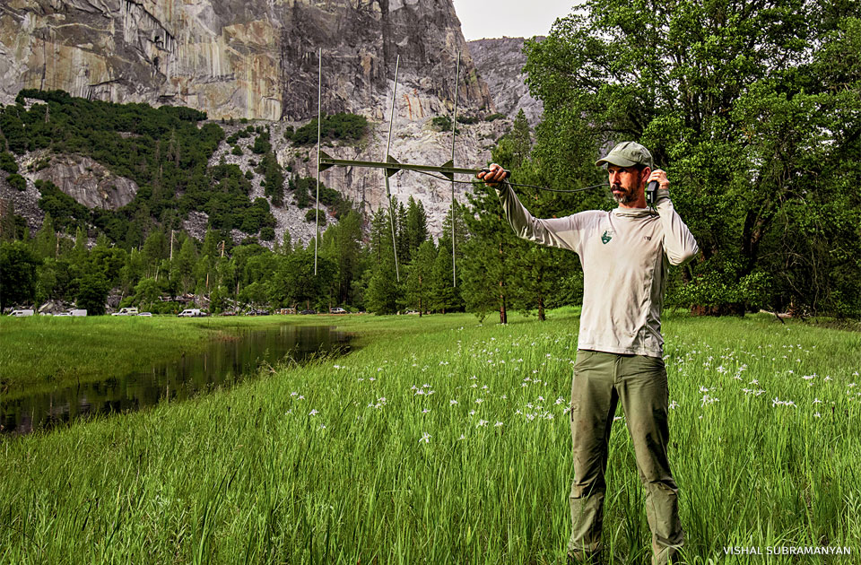 An image of biologist Dustin Garrison scanning for great gray owls with GPS telemetry.
