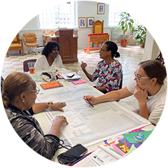 People sitting around a table talking and looking at site plans